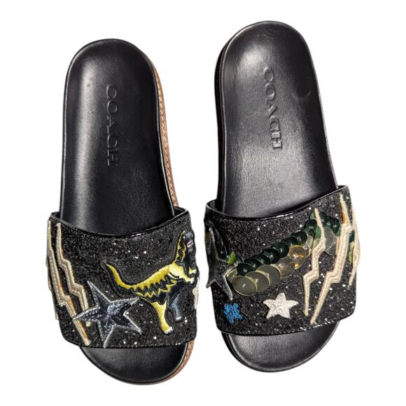 Coach Rexy Sport Slide Black Glitter Embellished Dinosaur Applique Sandals Sz 5 - Picture 1 of 6